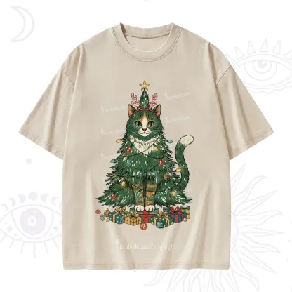 Purplehecate Cute Cats Christmas Tree Washed T-Shirt