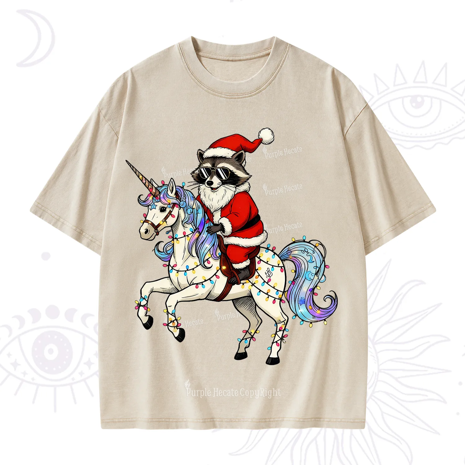 Purplehecate Santa Raccoon Riding Unicorn Tee Christmas Washed T-Shirt