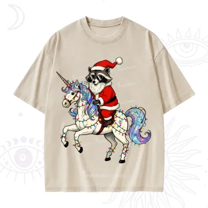 Purplehecate Santa Raccoon Riding Unicorn Tee Christmas Washed T-Shirt