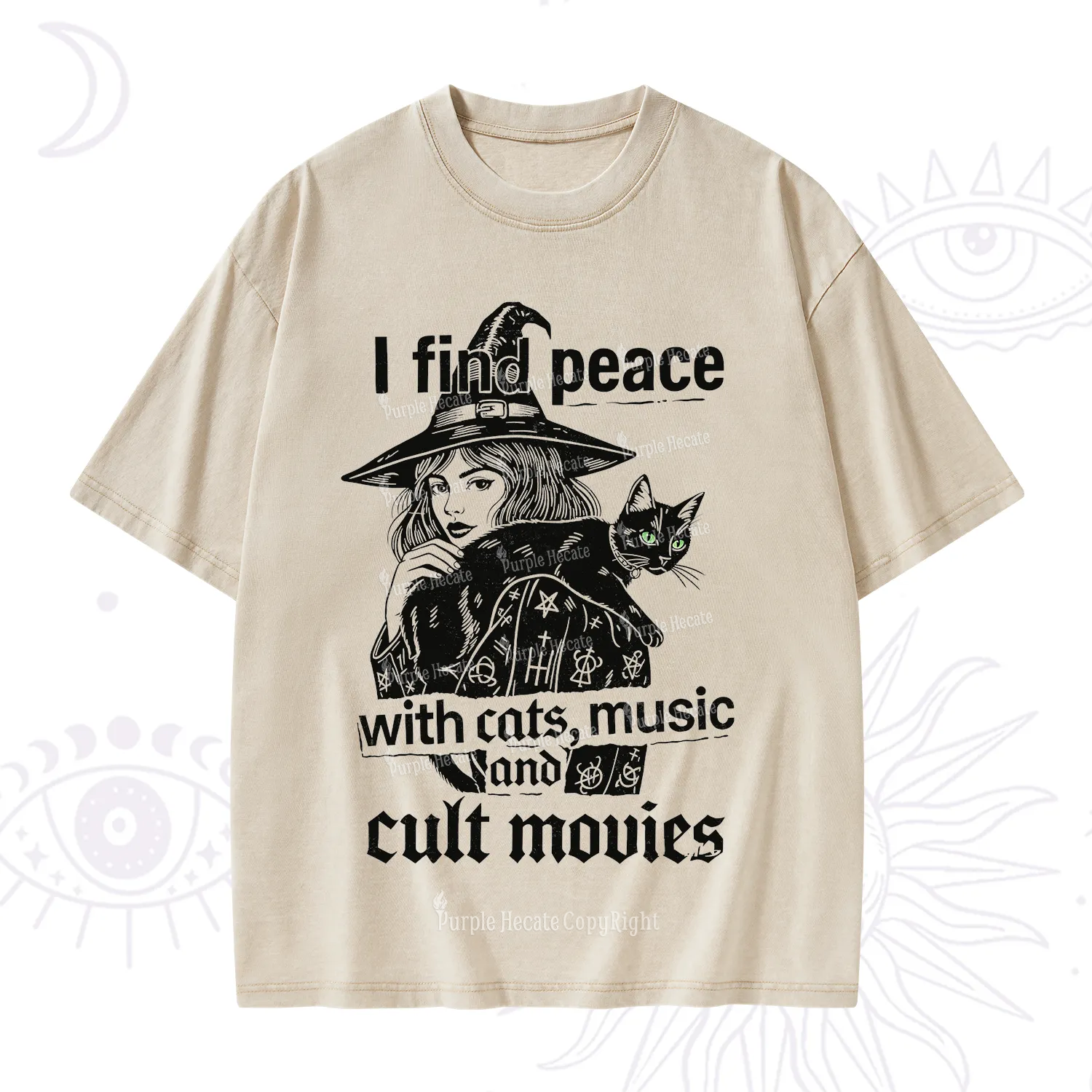 Purplehecate I Find Peace With Cats Music Cult Movies Washed T-Shirt