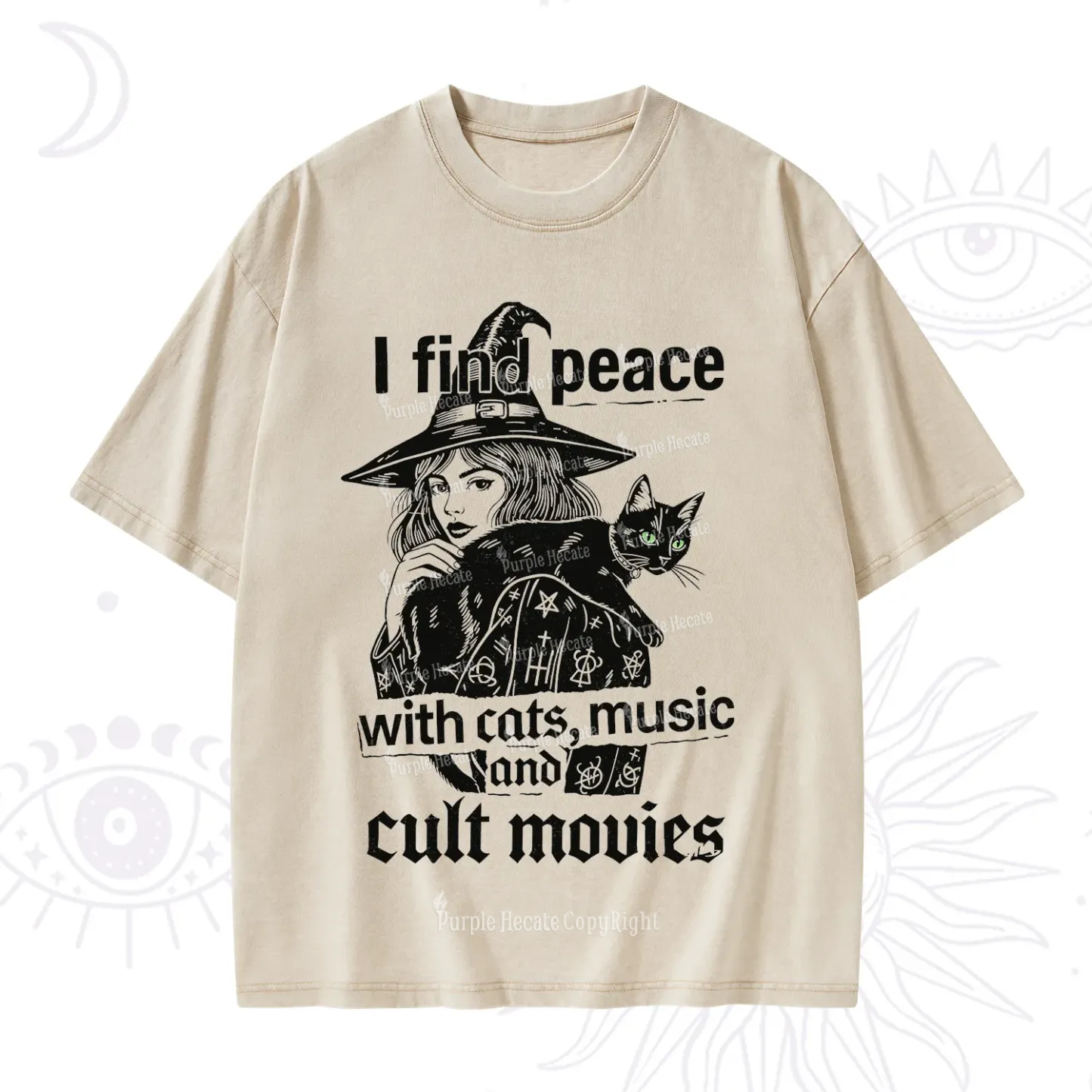 Purplehecate I Find Peace With Cats Music Cult Movies Washed T-Shirt