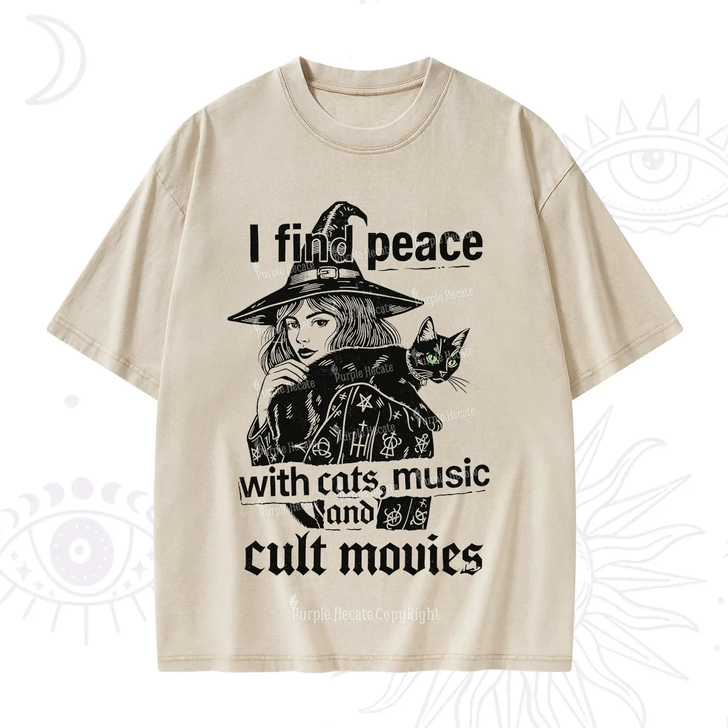 Purplehecate I Find Peace With Cats Music Cult Movies Washed T-Shirt