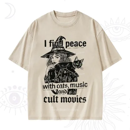 Purplehecate I Find Peace With Cats Music Cult Movies Washed T-Shirt