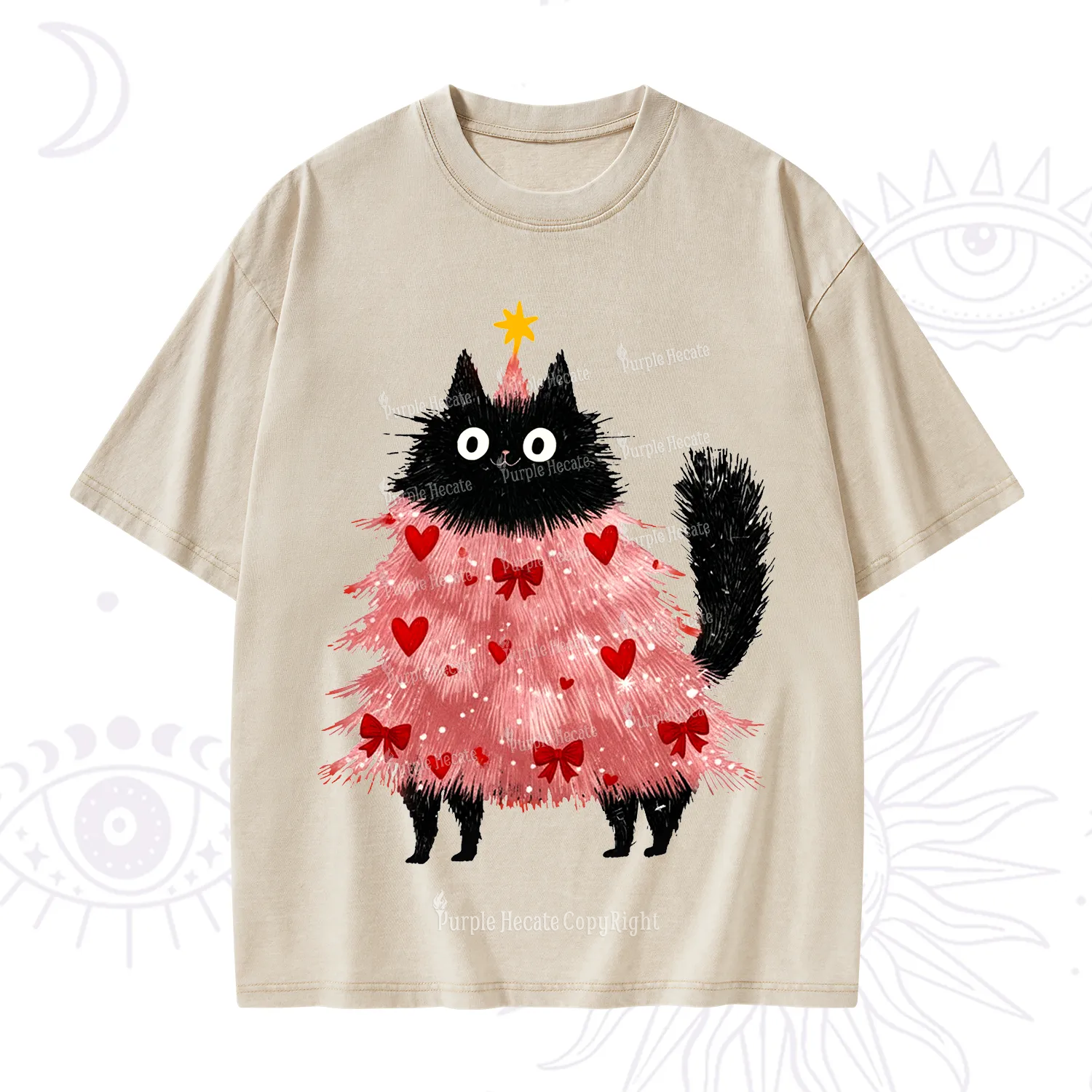 Purplehecate Funny Black Cat in Tree Valentine Washed T-Shirt