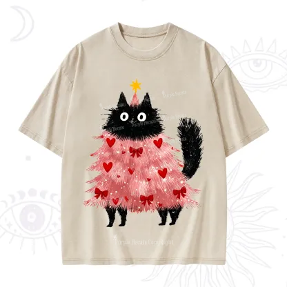 Purplehecate Funny Black Cat in Tree Valentine Washed T-Shirt