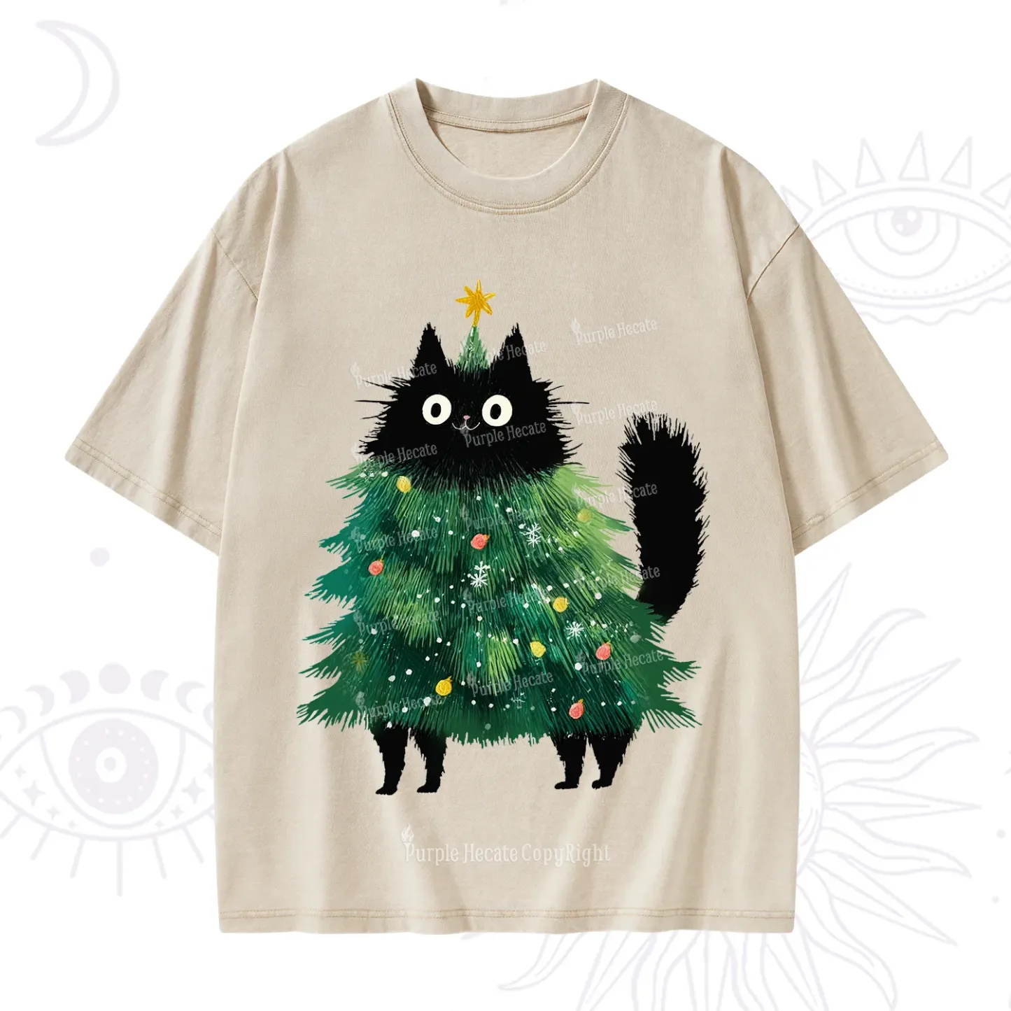 Purplehecate Black Cats Christmas Tree Christmas Washed T-Shirt