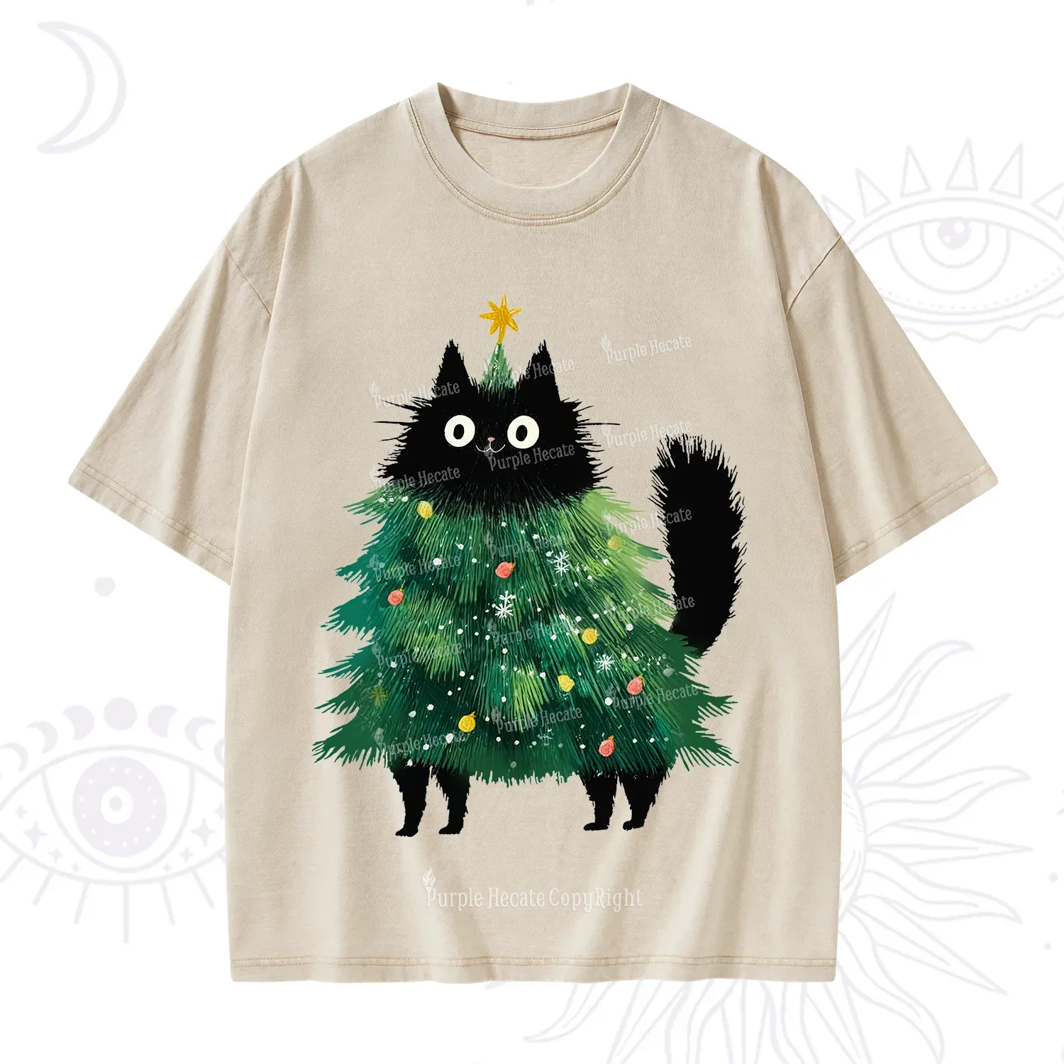 Purplehecate Black Cats Christmas Tree Christmas Washed T-Shirt