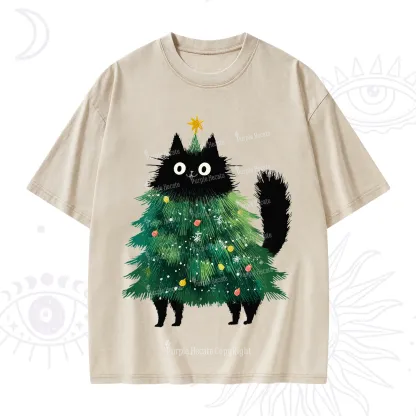 Purplehecate Black Cats Christmas Tree Christmas Washed T-Shirt
