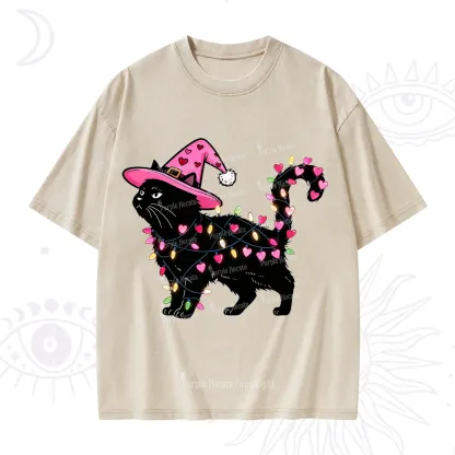 Purplehecate Cute Cat Valentine Washed T-Shirt