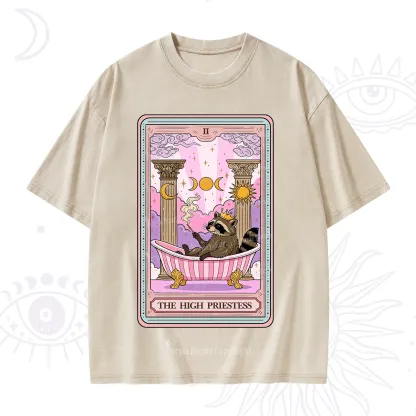 Purplehecate The High Priestess Raccoon Tarot Washed T-Shirt