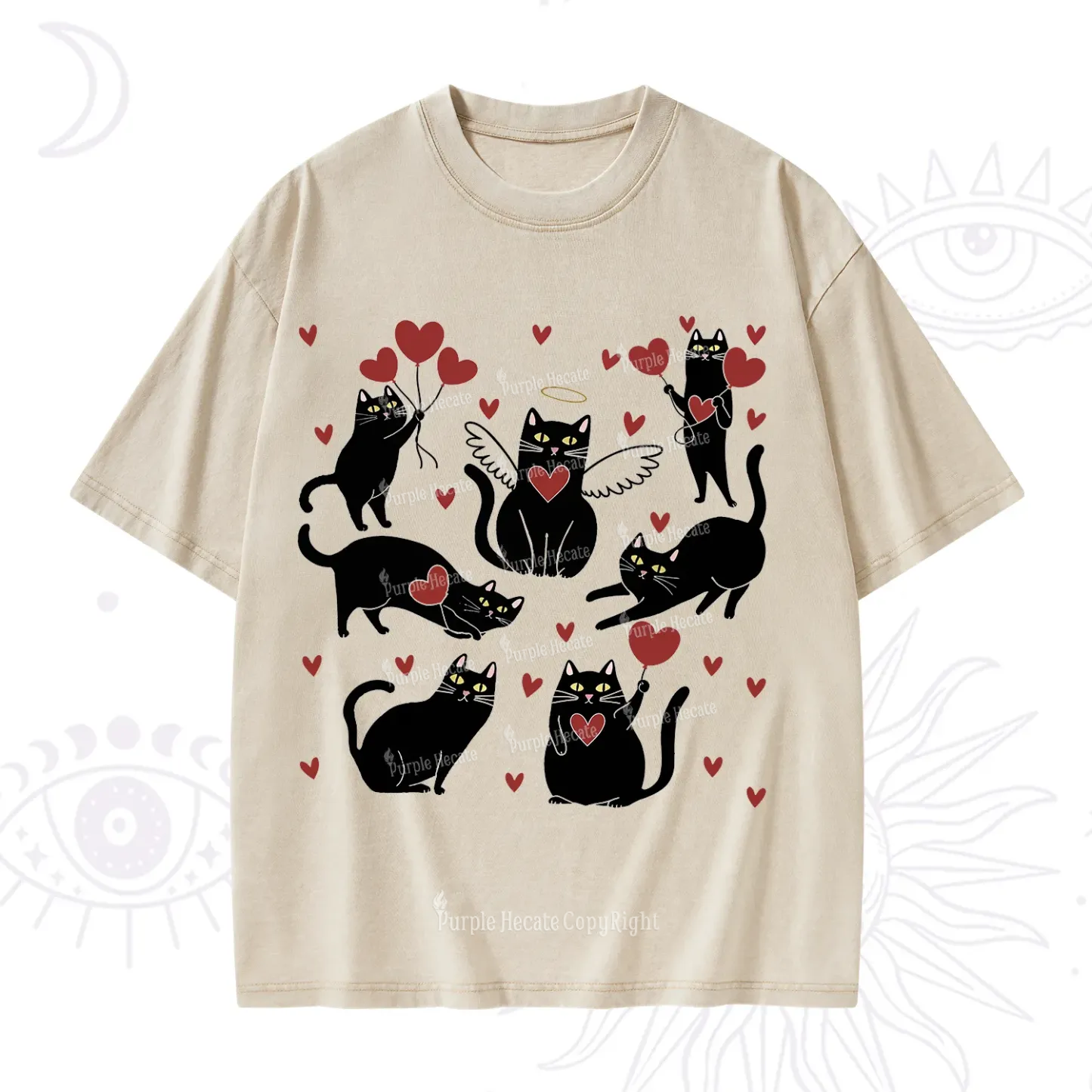 Purplehecate Meowy Valentine's Romantic Cat Valentine Washed T-Shirt