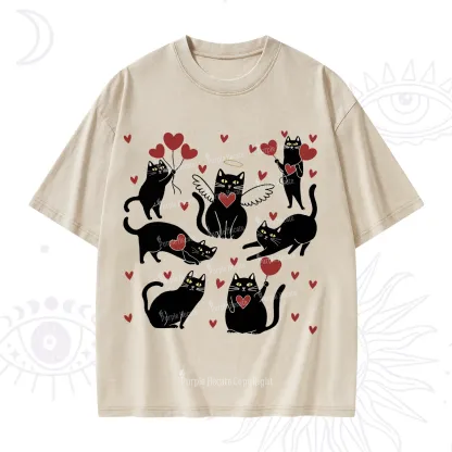 Purplehecate Meowy Valentine's Romantic Cat Valentine Washed T-Shirt