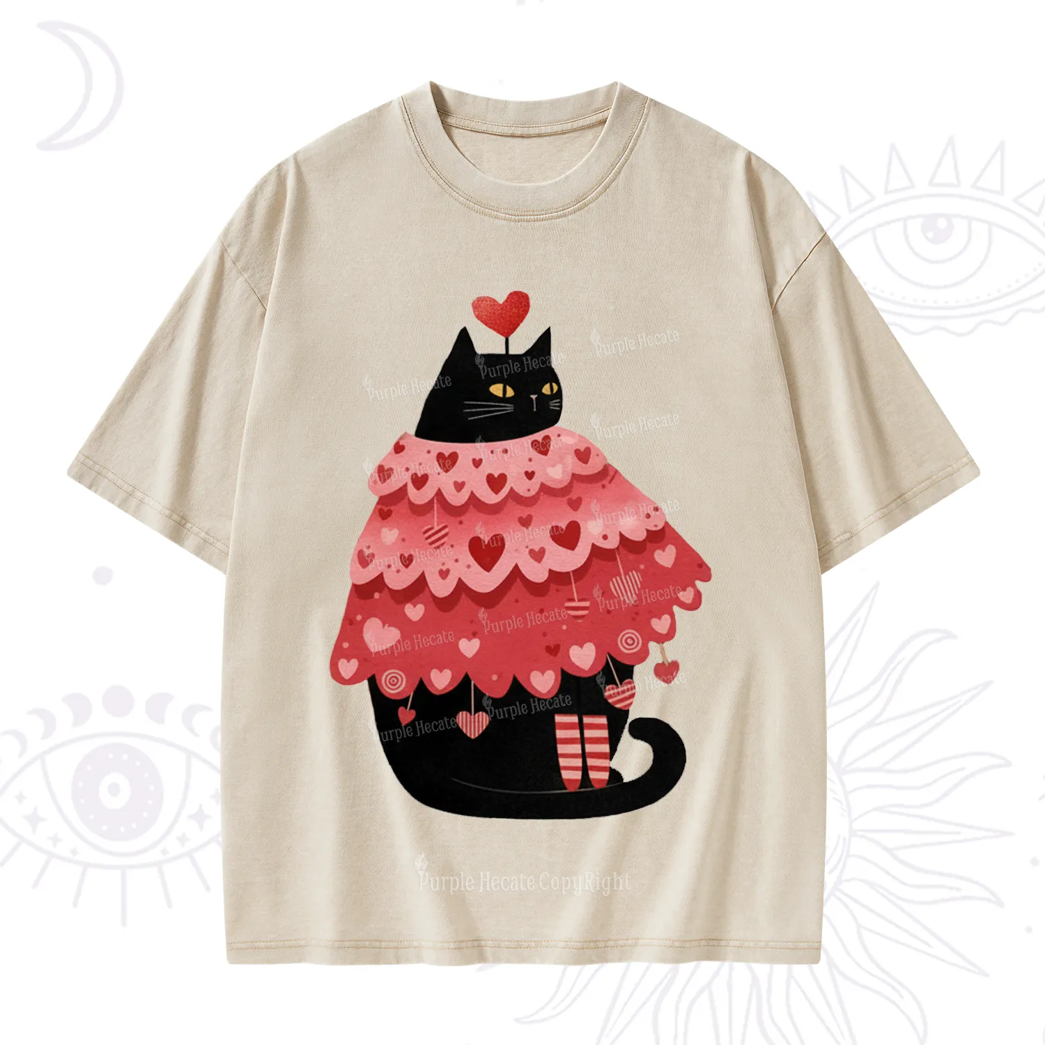 Purplehecate Funny Black Cat in Heart Dress Valentine Washed T-Shirt