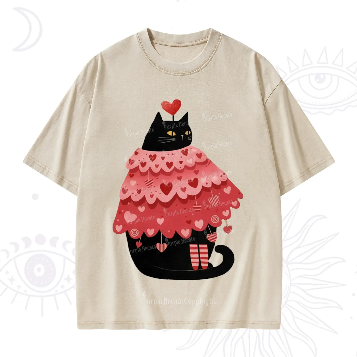 Purplehecate Funny Black Cat in Heart Dress Valentine Washed T-Shirt