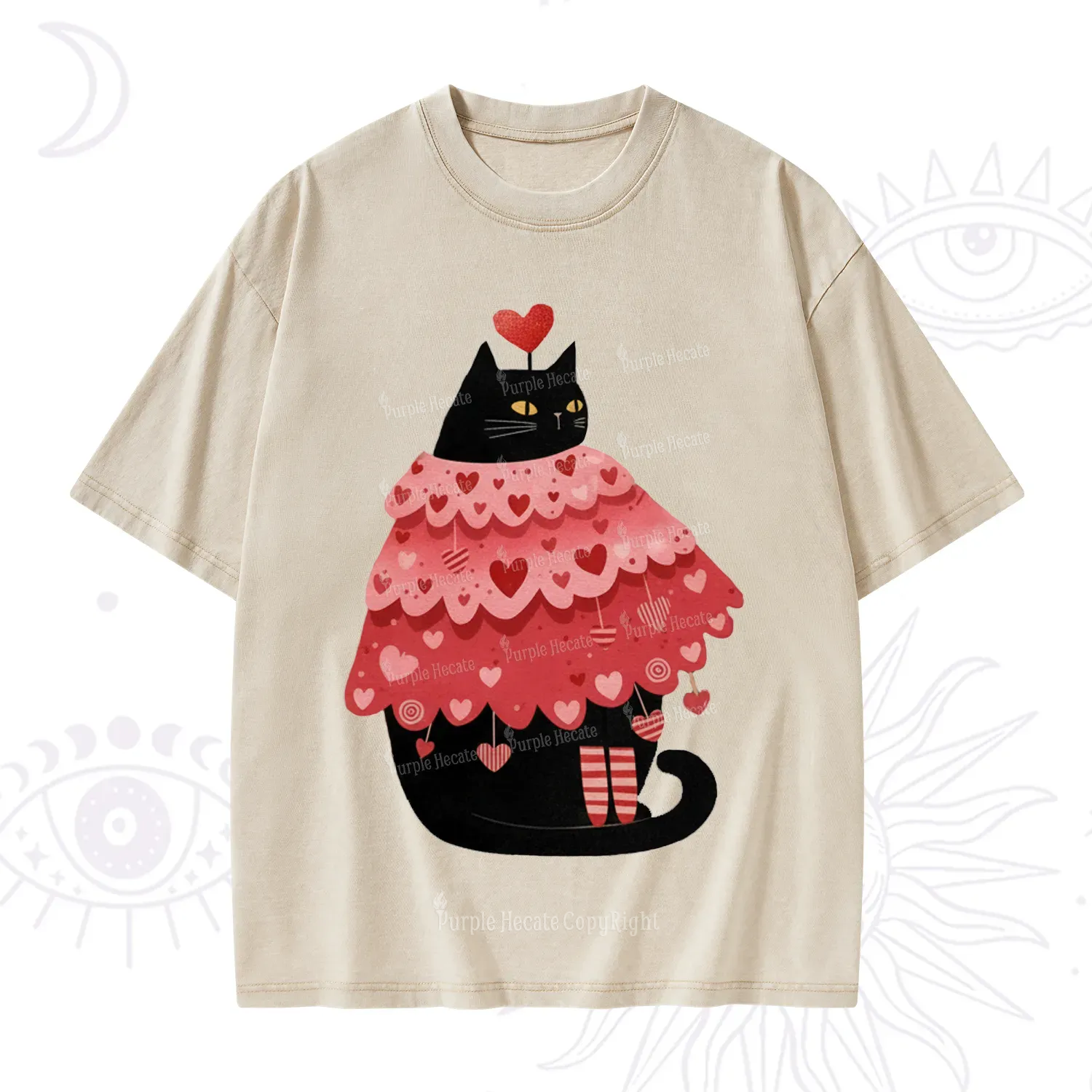 Purplehecate Funny Black Cat in Heart Dress Valentine Washed T-Shirt