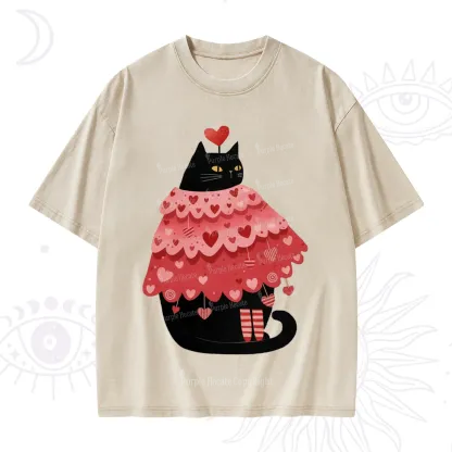 Purplehecate Funny Black Cat in Heart Dress Valentine Washed T-Shirt
