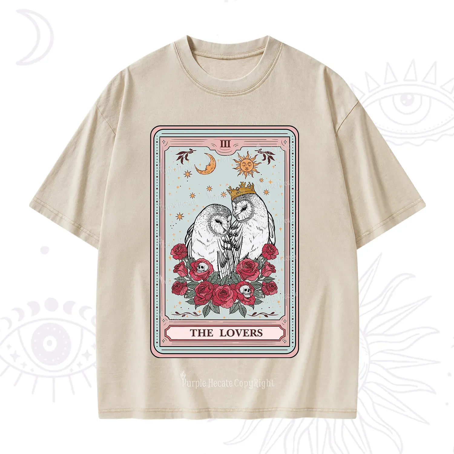 Purplehecate The Lovers Owls Tarot Card Washed T-Shirt