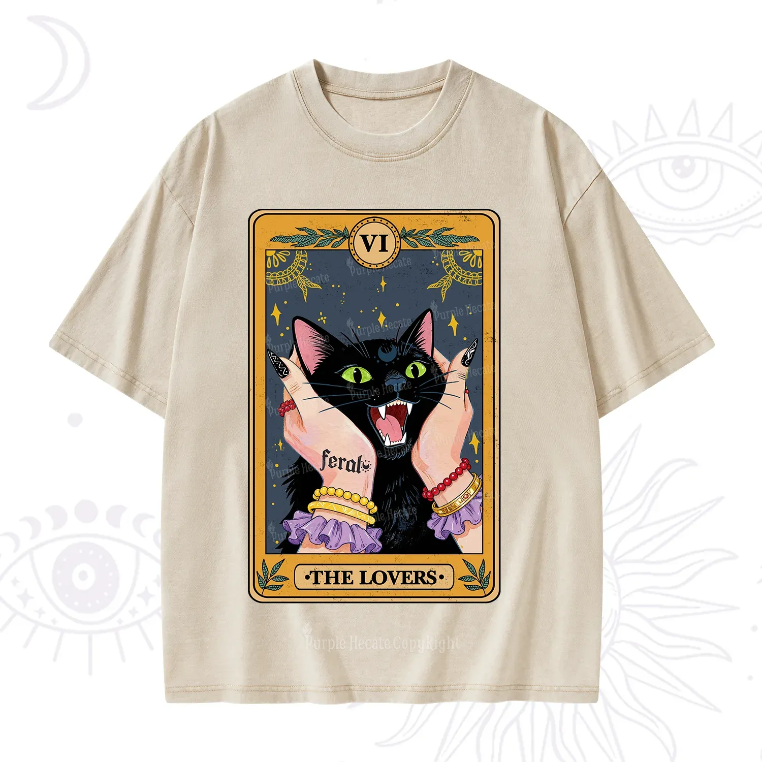 Purplehecate The Lovers Tarot Feral Cat Washed T-Shirt
