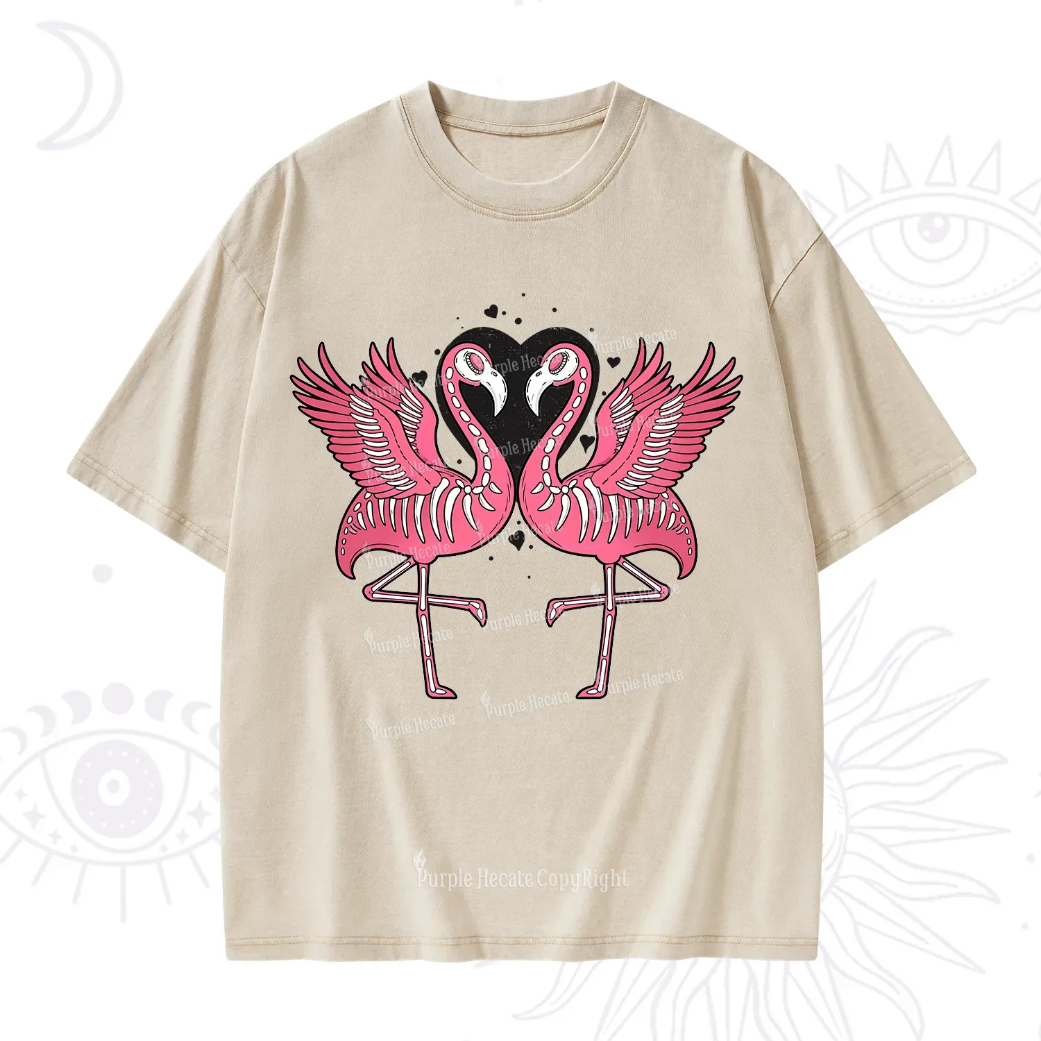 Purplehecate Witchy Pink Flamingo Skull Valentine Washed T-Shirt