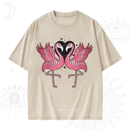 Purplehecate Witchy Pink Flamingo Skull Valentine Washed T-Shirt