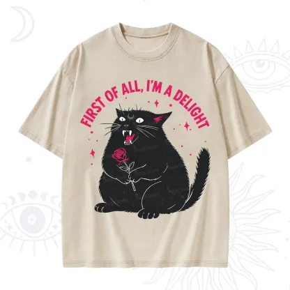 Purplehecate First Of All I'm A Delight Cat Washed T-Shirt