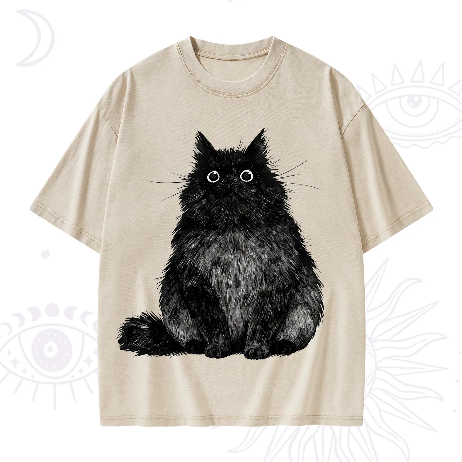 Purplehecate Cute Black Fluffy Cat Washed T-Shirt