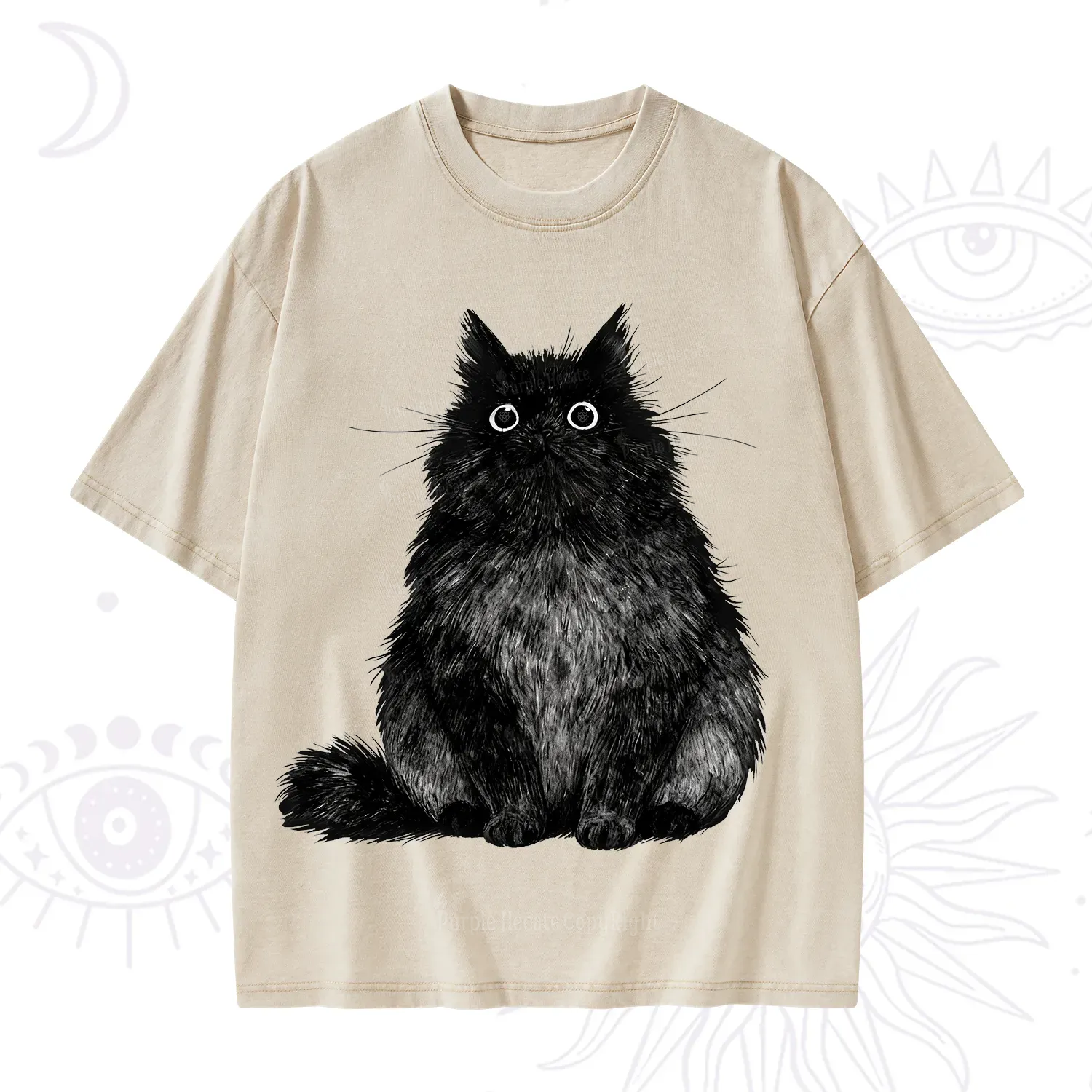 Purplehecate Cute Black Fluffy Cat Washed T-Shirt