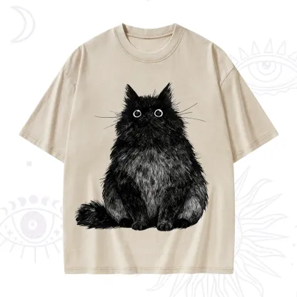 Purplehecate Cute Black Fluffy Cat Washed T-Shirt