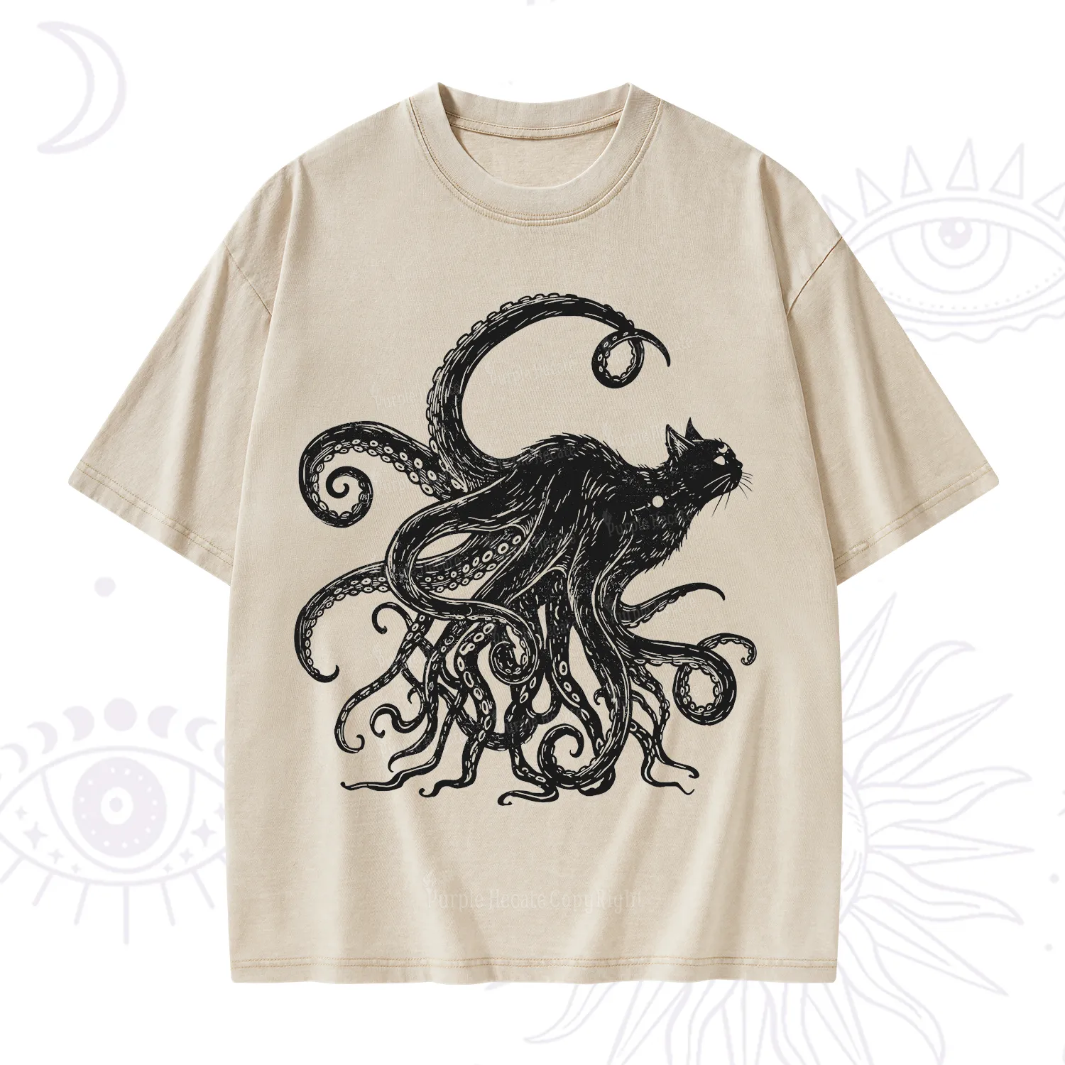 Purplehecate Black Cat with Octopus Tentacles Washed T-Shirt