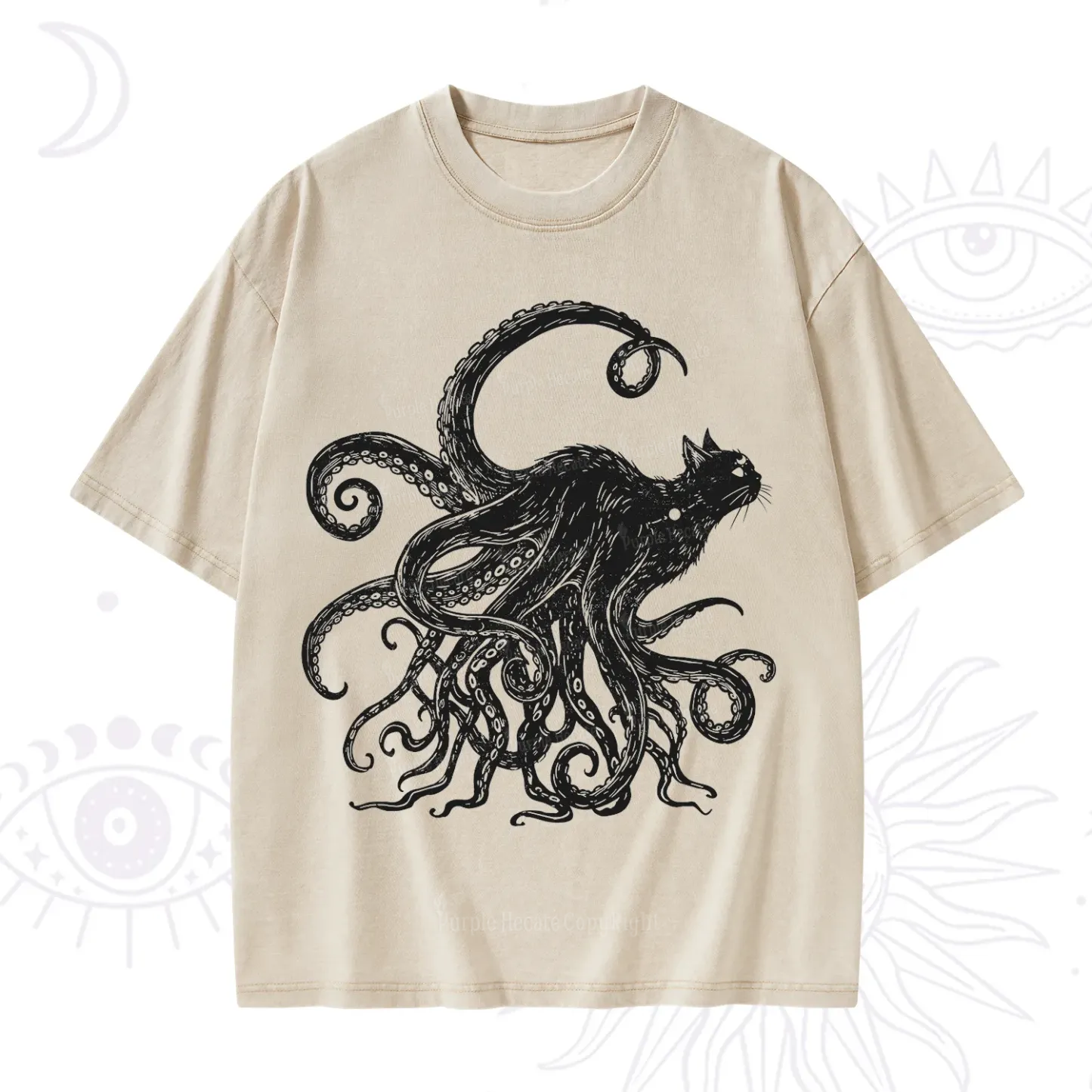 Purplehecate Black Cat with Octopus Tentacles Washed T-Shirt