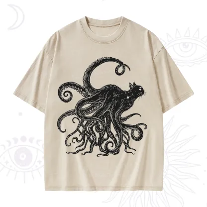 Purplehecate Black Cat with Octopus Tentacles Washed T-Shirt
