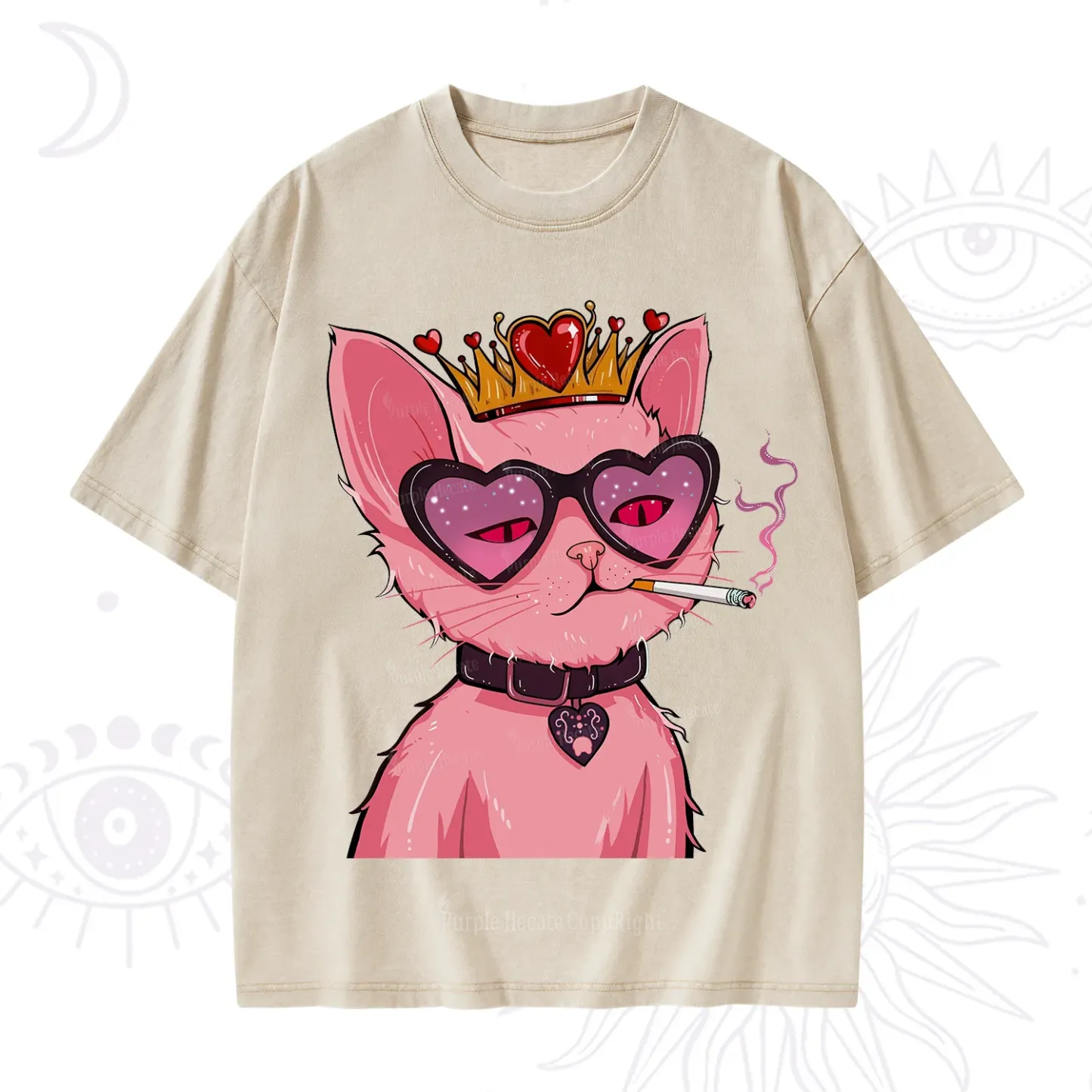 Purplehecate Bad Attitude Pink Cat Smoking Queen Washed T-Shirt