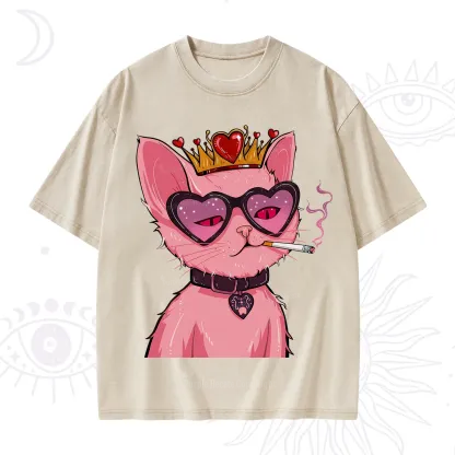 Purplehecate Bad Attitude Pink Cat Smoking Queen Washed T-Shirt