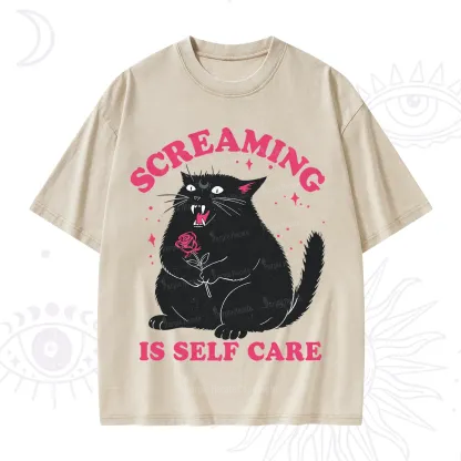 Purplehecate Funny Cat Screaming Is Self Care Washed T-Shirt