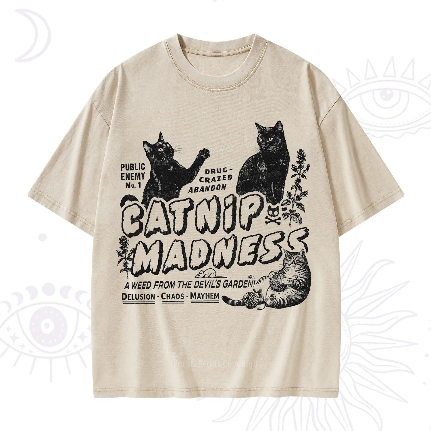 Purplehecate Catnip Madness Cute Cat Washed T-Shirt