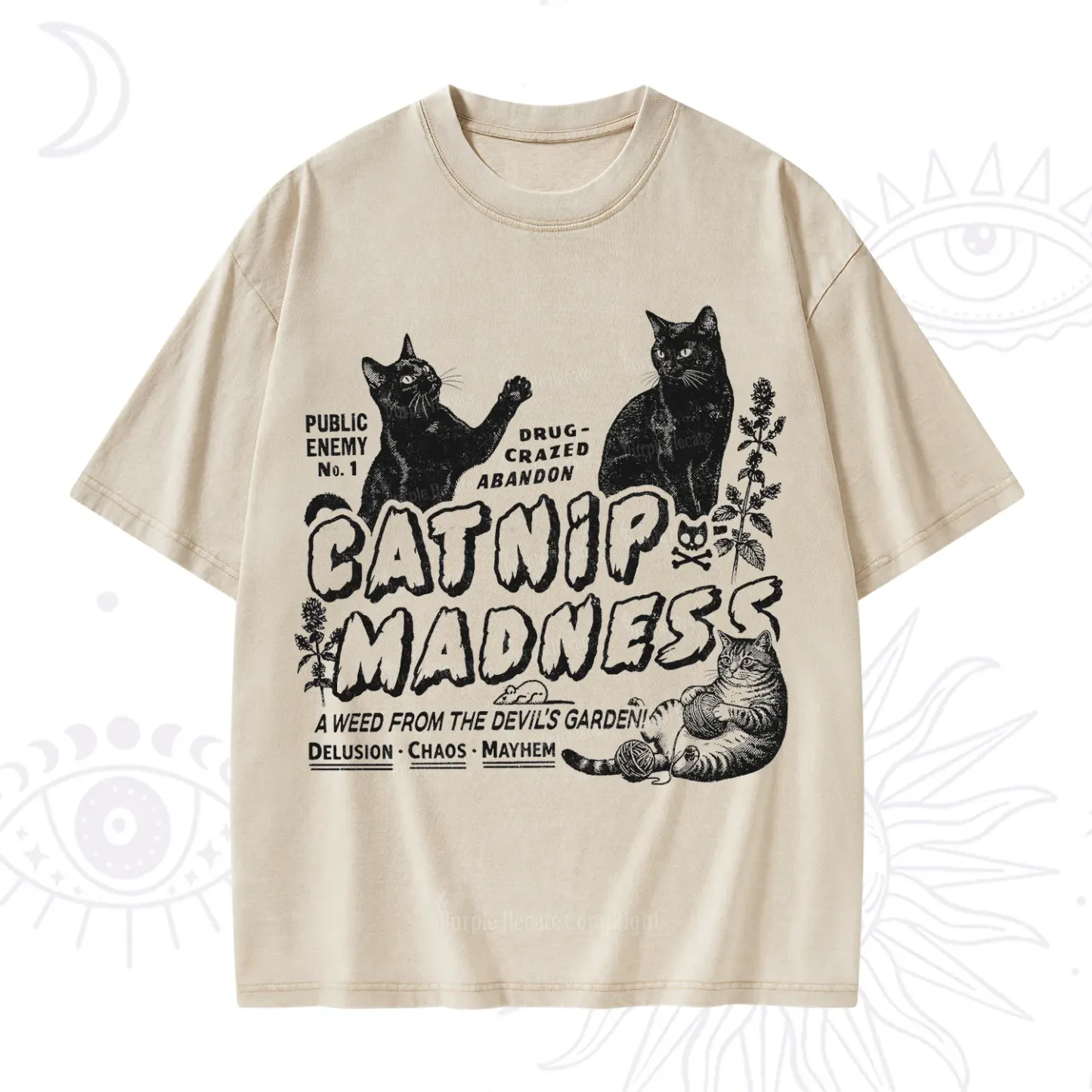 Purplehecate Catnip Madness Cute Cat Washed T-Shirt