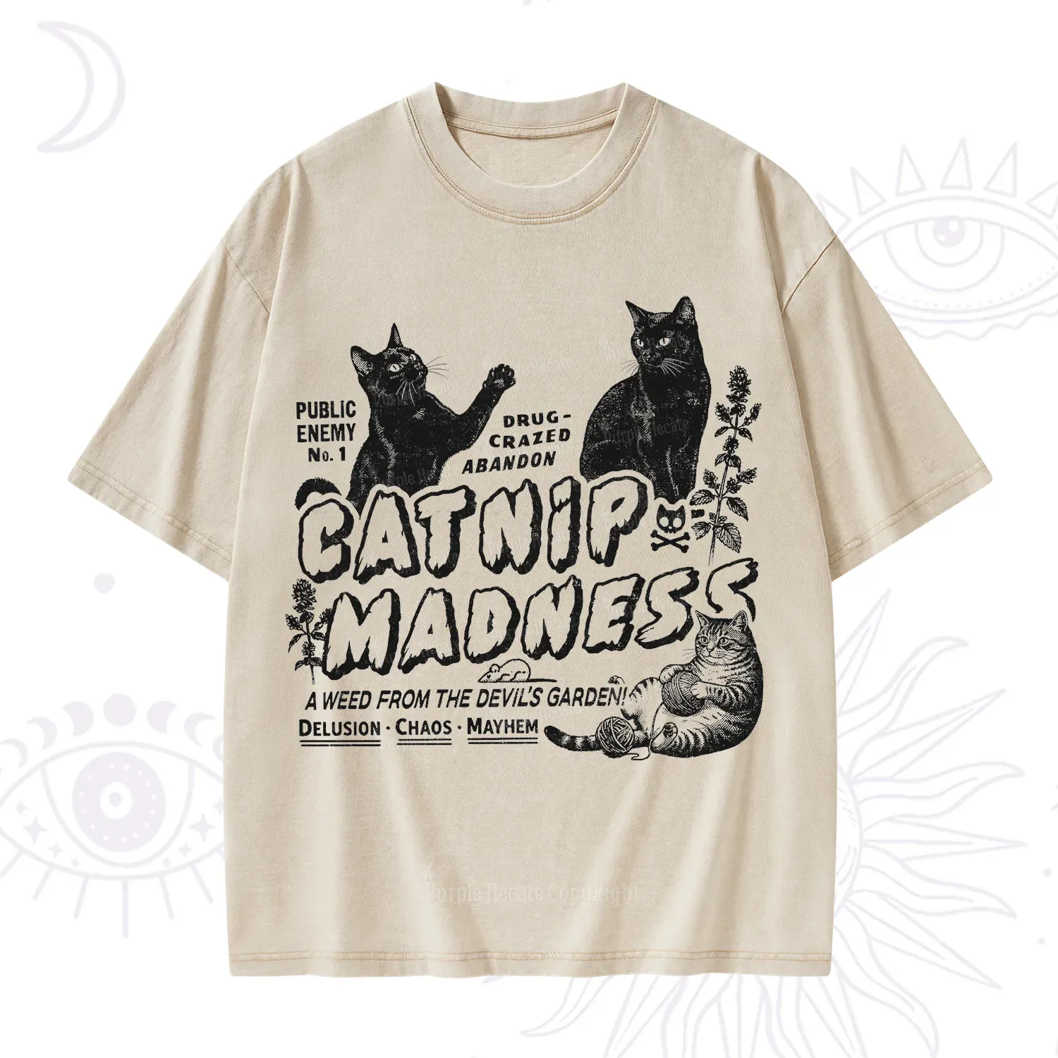 Purplehecate Catnip Madness Cute Cat Washed T-Shirt