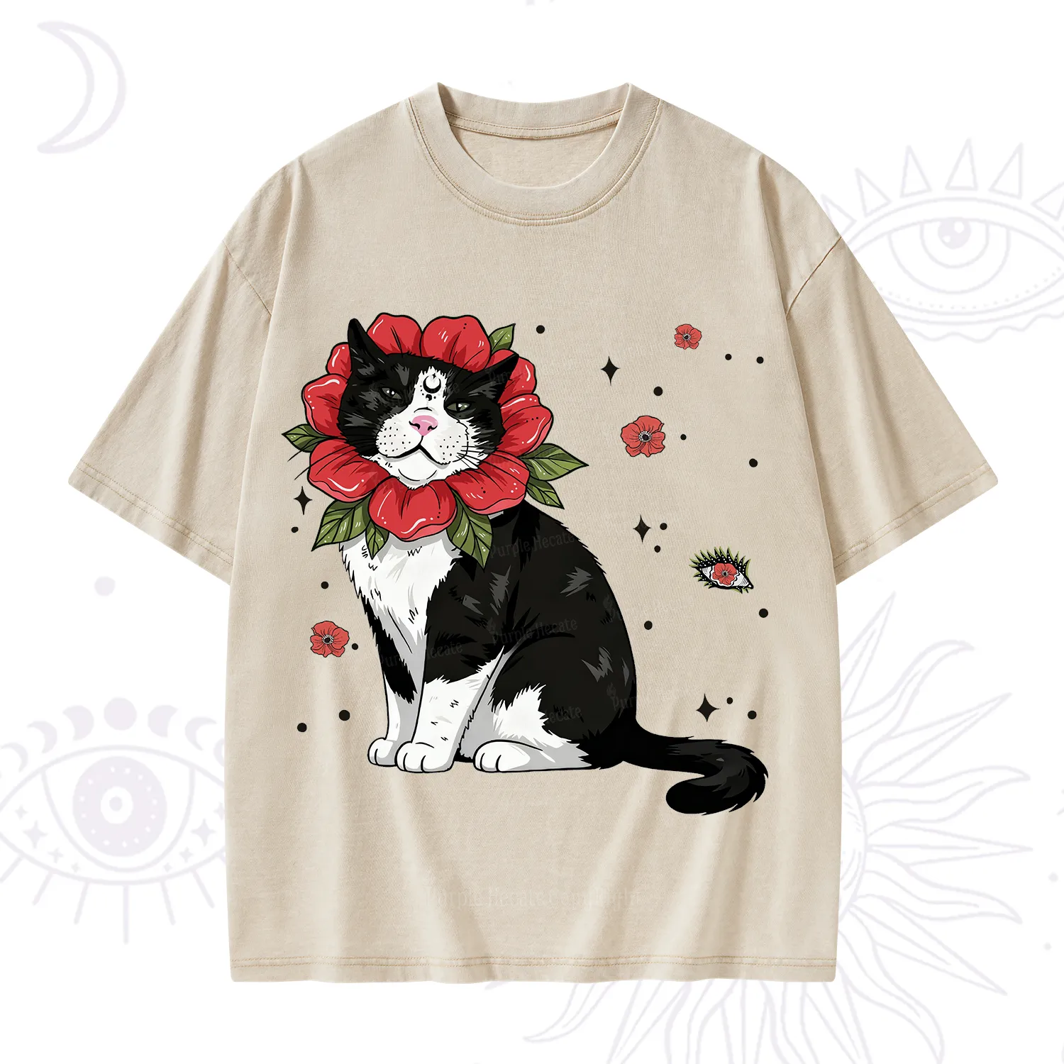 Purplehecate Cat in Flower Crown Washed T-Shirt