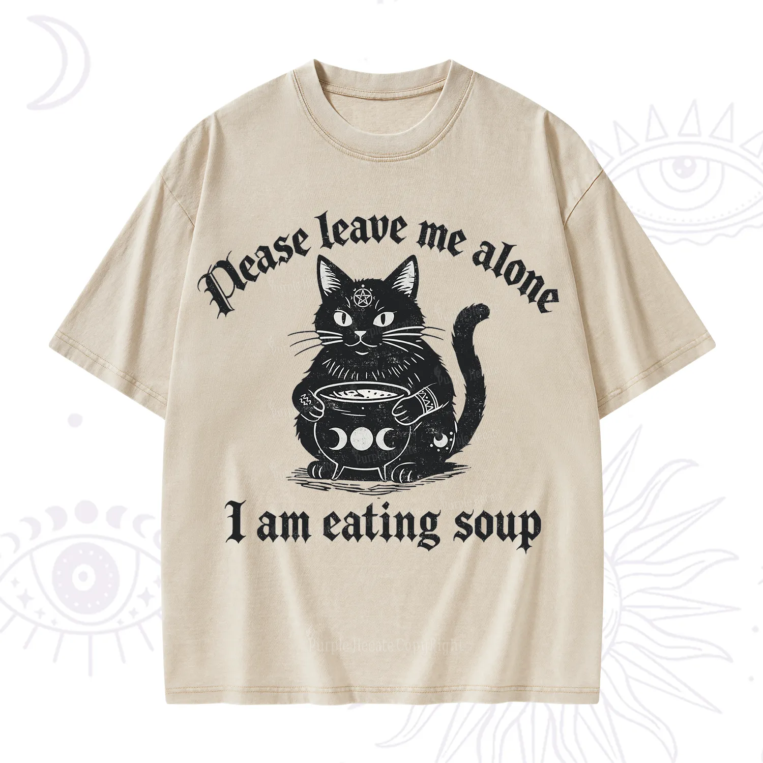 Purplehecate Magic Cat Eating Soup Washed T-Shirt