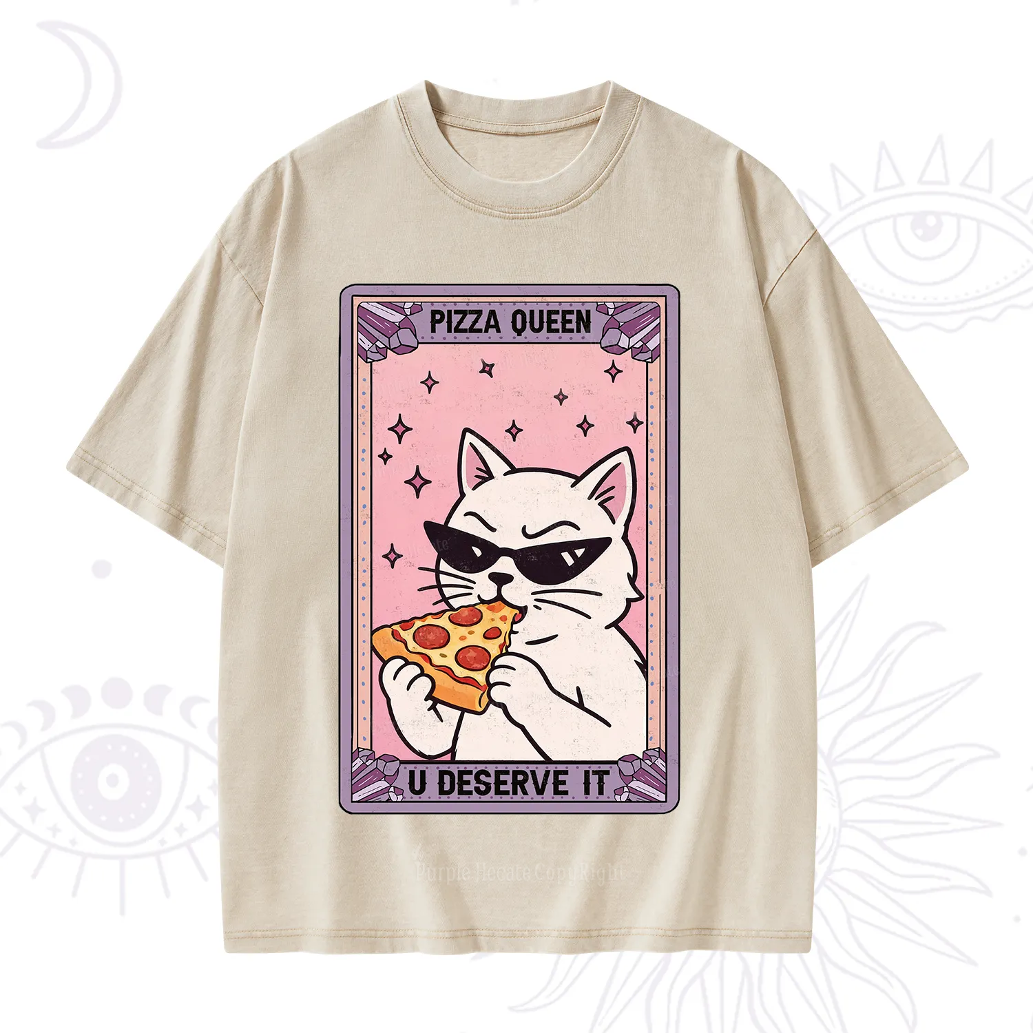 Purplehecate The Pizza Queen Cat Tarot Washed T-Shirt