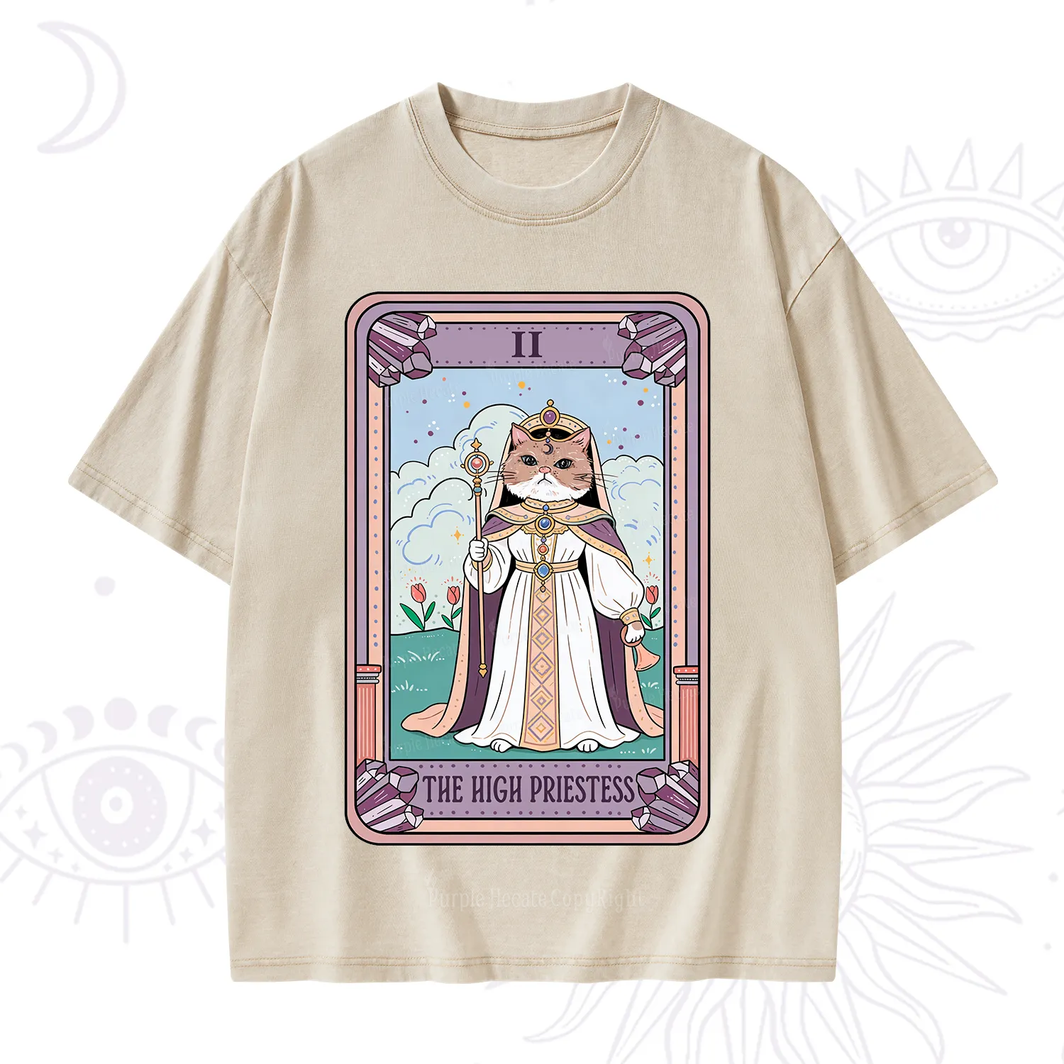 Purplehecate The High Priestess Cat Tarot Washed T-Shirt