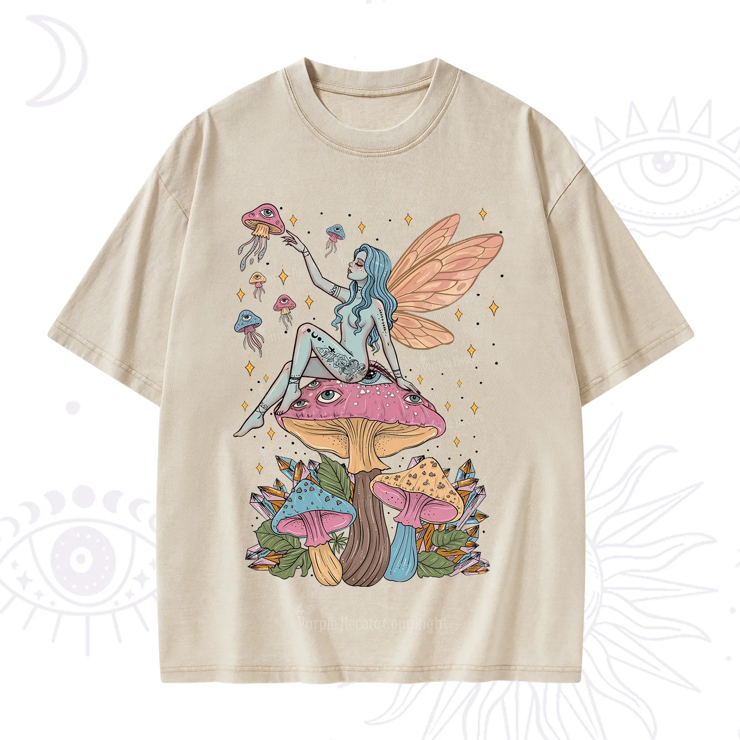 Purplehecate Celestial Fairy on Mushroom Washed T-Shirt