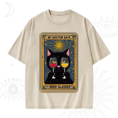 Purplehecate Funny Black Cat My Doctor Says I Need Glasses Tarot Washed T-Shirt