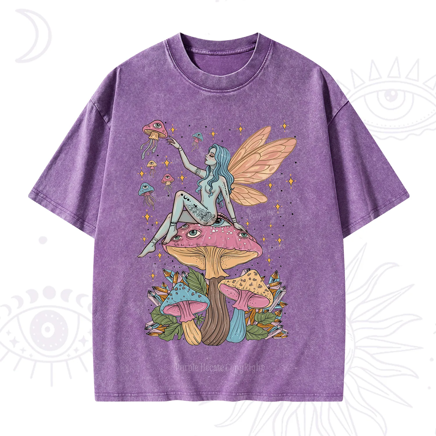 Purplehecate Celestial Fairy on Mushroom Washed T-Shirt