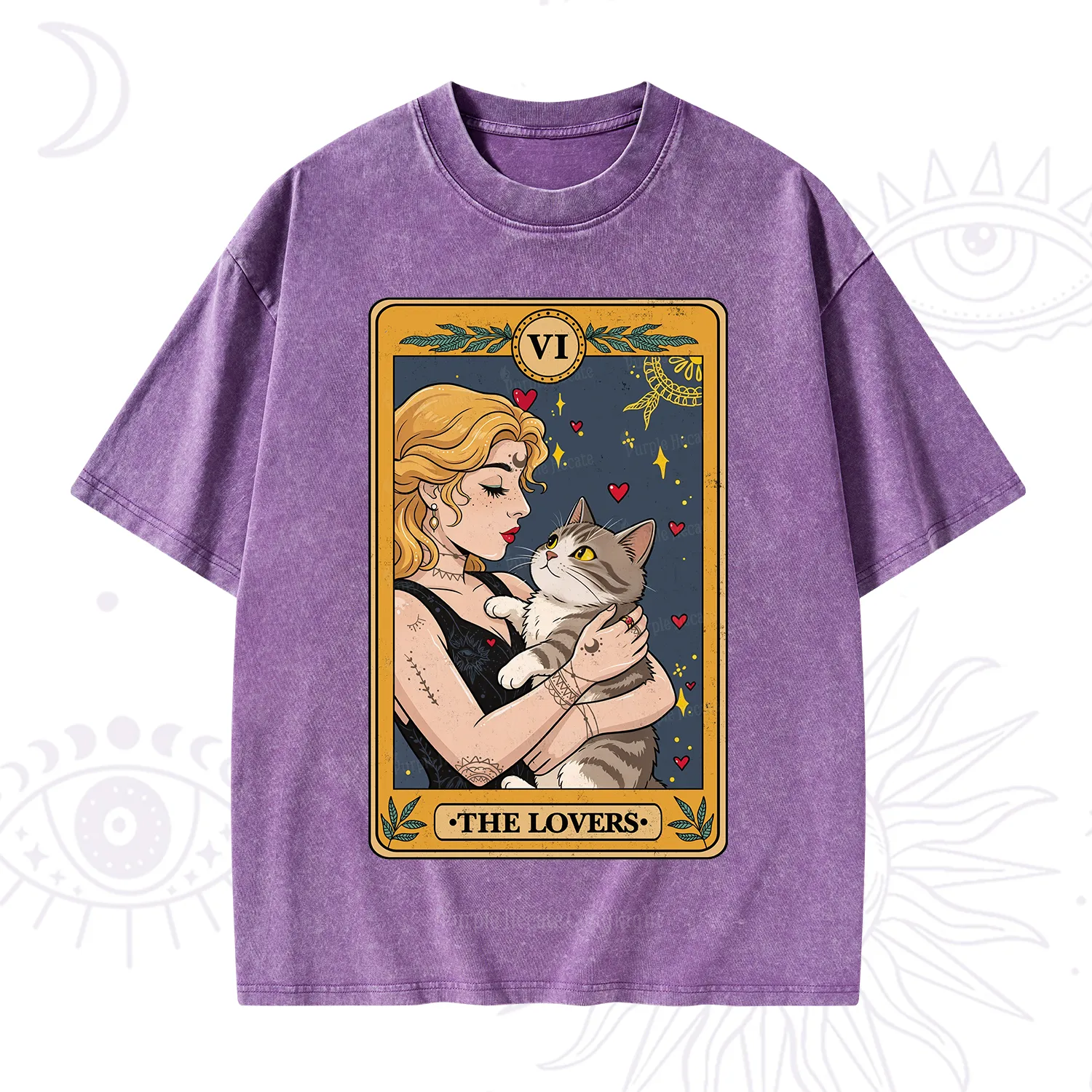 Purplehecate The Lovers Tarot for Cat Lovers Washed T-Shirt