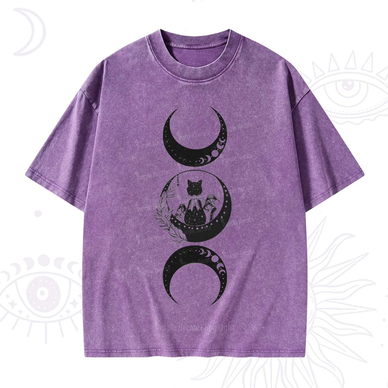 Purplehecate Cat And Moon Phases Washed T-Shirt