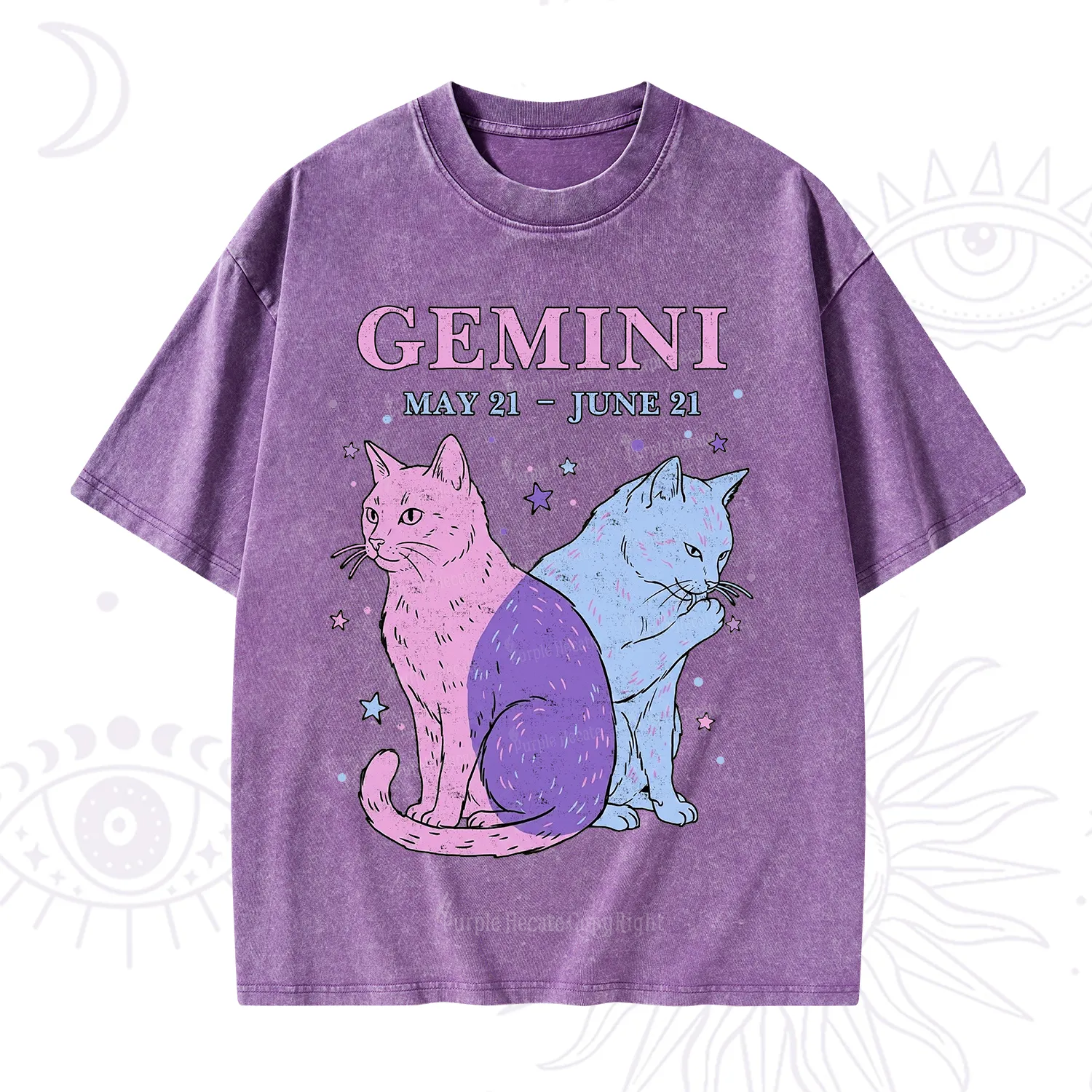 Purplehecate Gemini Zodiac Cats Washed T-Shirt