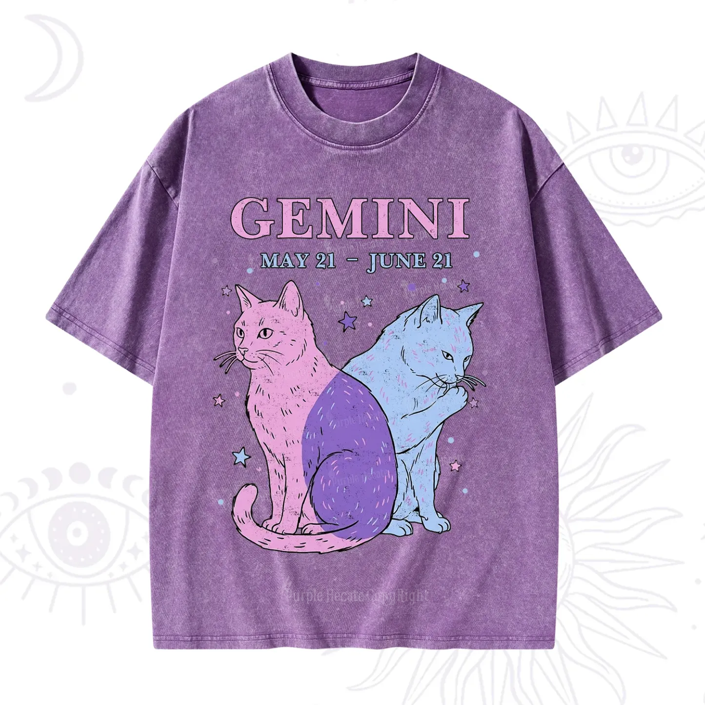 Purplehecate Gemini Zodiac Cats Washed T-Shirt