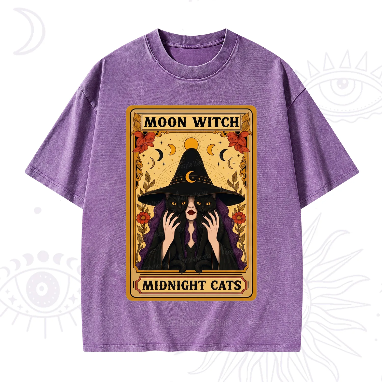 Purplehecate The Moon Witch Midnight Cats Oracle Card Washed T-Shirt