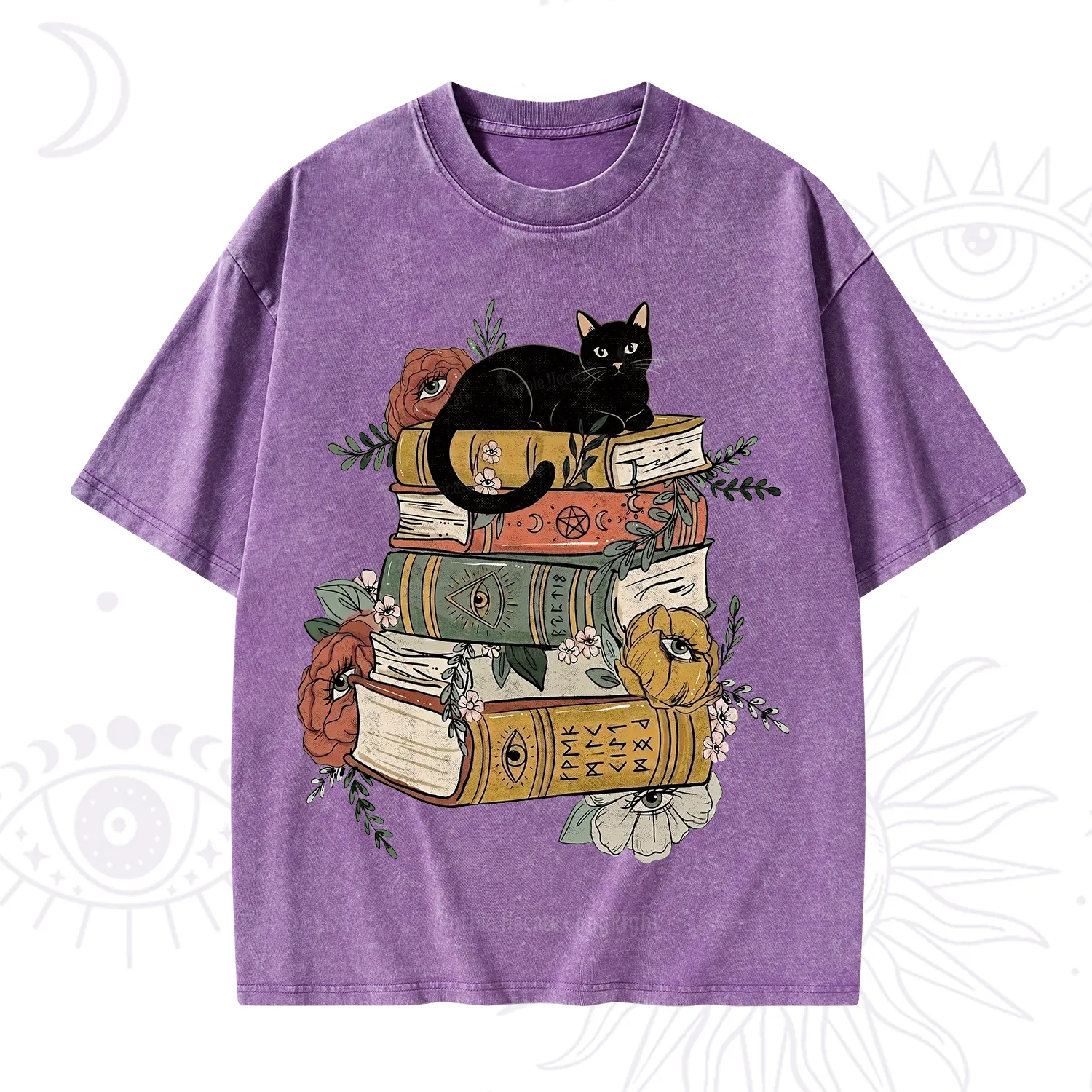 Purplehecate Black Cat on Books Washed T-Shirt